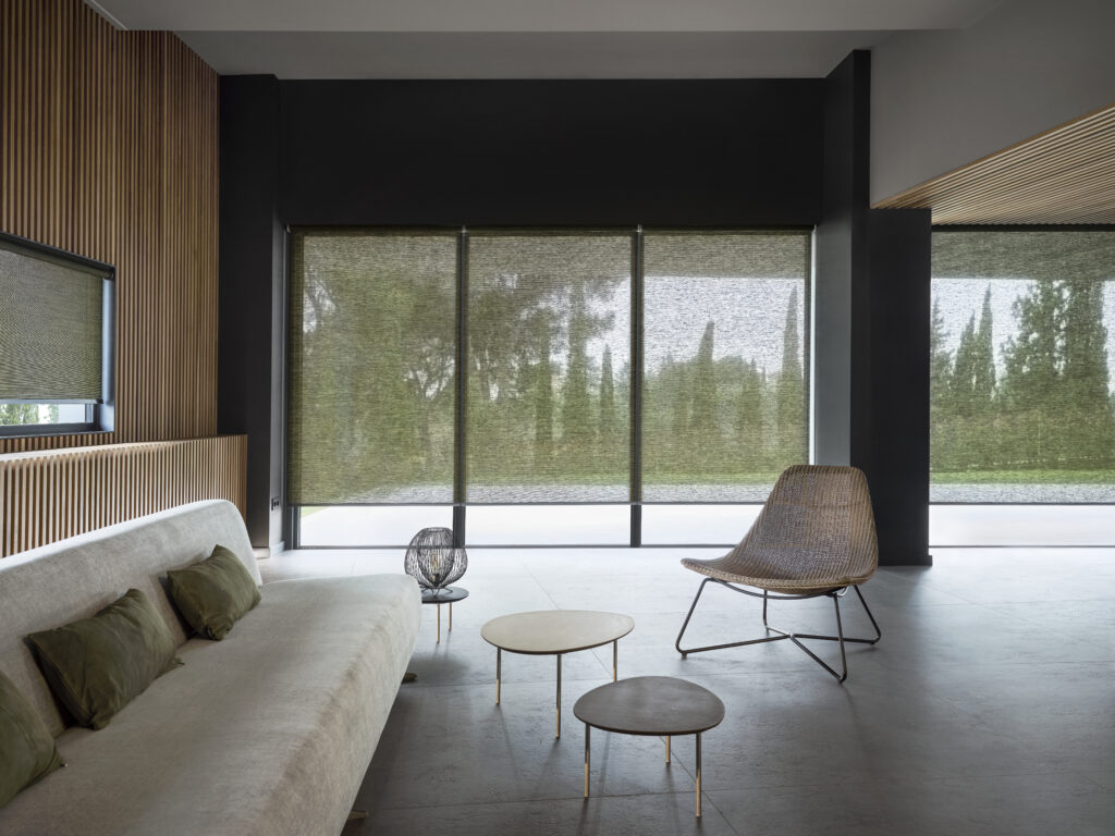 Diaz_rolgordijnen_living met bruine transparante rolgordijnen